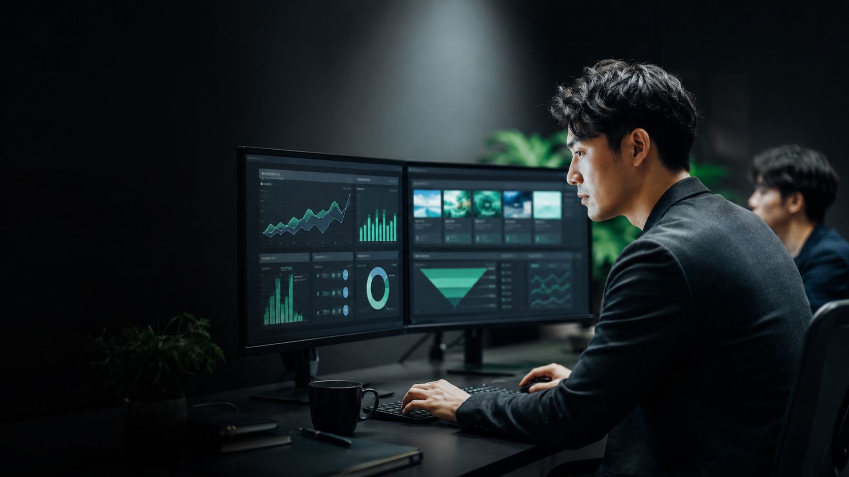 seekHUB.のメンバーがマーケティングデータのダッシュボードを分析する様子